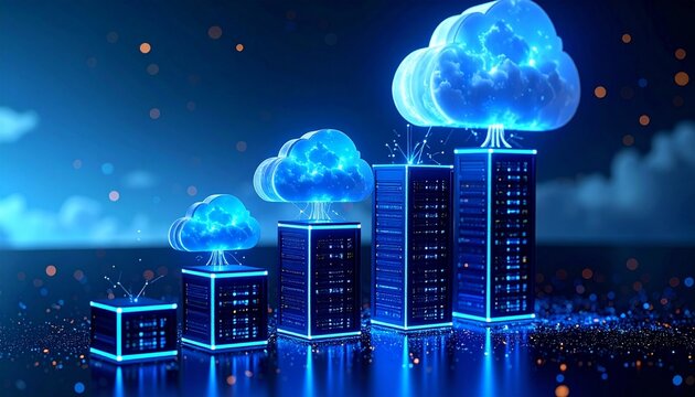 Cloud-connected server racks glowing in dark tech space