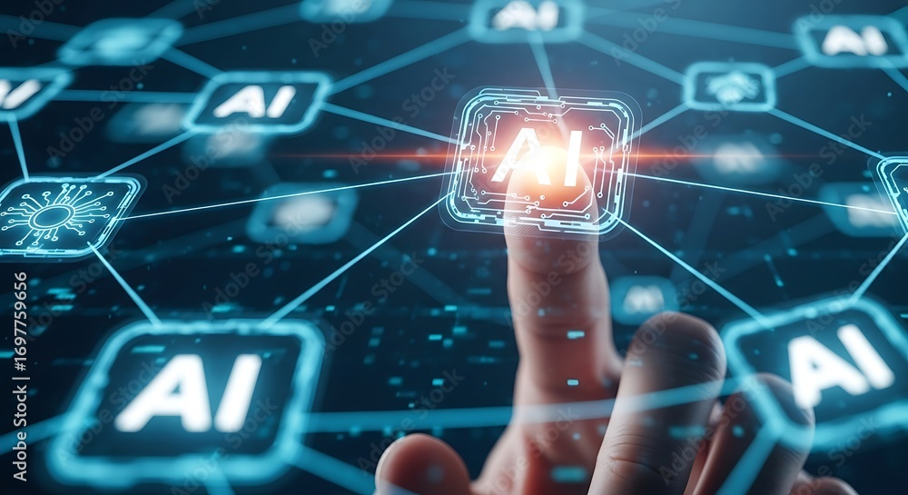 Fototapete close up of a human finger touching a glowing digital interface displaying ai symbols connected in a