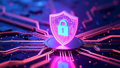 Fototapeta premium Glowing pink shield with padlock on digital circuit background