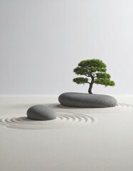 Minimalist Japanese Zen Garden with Sand, Stones, and Bonsai