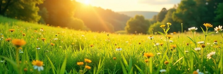Golden sunlight bathes a lush green pasture, wildflowers dotting the landscape, creating a vibrant and idyllic scene Perfect for backgrounds, nature themes, and summer imagery , sunny, clouds, flora