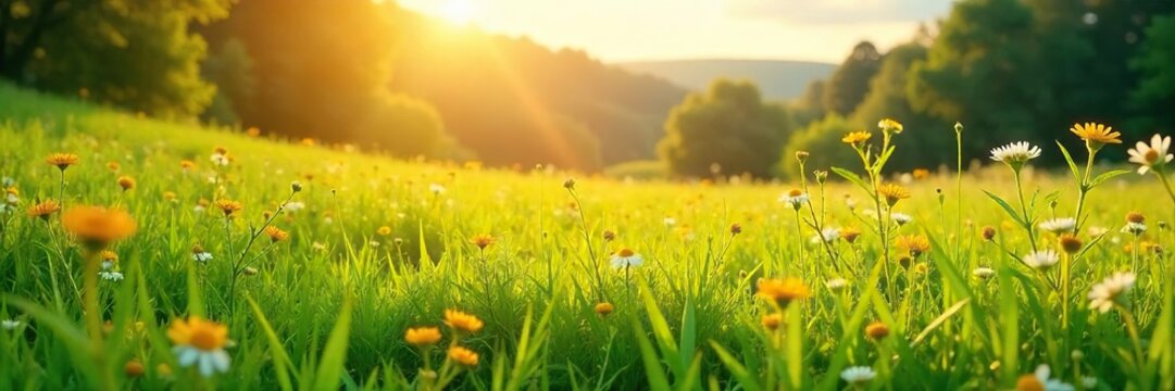 Golden sunlight bathes a lush green pasture, wildflowers dotting the landscape, creating a vibrant and idyllic scene Perfect for backgrounds, nature themes, and summer imagery , sunny, clouds, flora