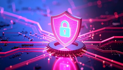 Glowing pink shield with padlock on digital circuit background