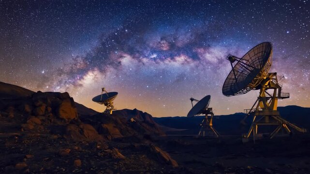 silhouette of radio telescopes with parabolic dish antennas on night sky background