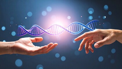 Hands reaching toward glowing DNA strand on dark bokeh background