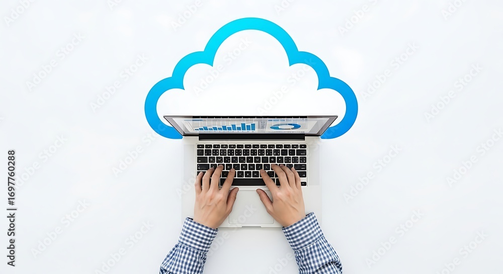 Fototapete hands typing on a laptop with a glowing blue cloud outline above representing cloud computing data s