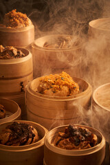 Chinese breakfast in a steamer,Steamed buns with brown sugar and pork floss