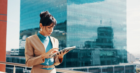 Tablet, rooftop and businesswoman in city with online research for finance report with company...