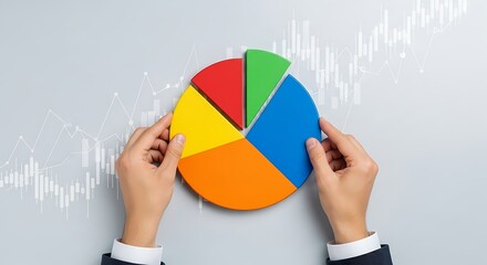 Hands holding a colorful pie chart representing data analysis and financial growth against a background of stock market graphs and charts