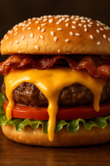 Close up juicy cheeseburger with melted cheese and crispy bacon