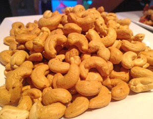 Pile of roasted cashews on a plate