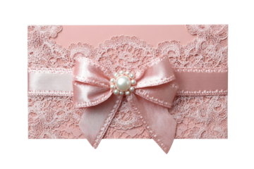 Pink lace envelope with ribbon bow.  Delicate, elegant design.  Ornate lace pattern.  Soft pink color.  Pearl accents