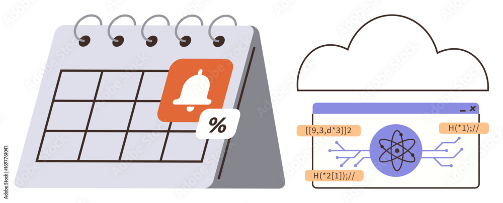 Poster desktop calendar with reminder bell and percentage icon alongside a cloud interface displaying scien