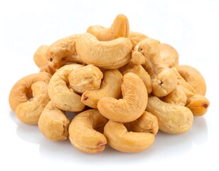 Pile of roasted cashews on white background