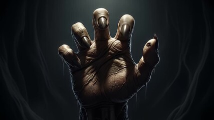 Pale, veiny claw reaches out from dark smoke, lit from above. Creepy hand