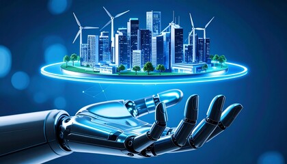 Robotic hand holding futuristic smart city with glowing blue light