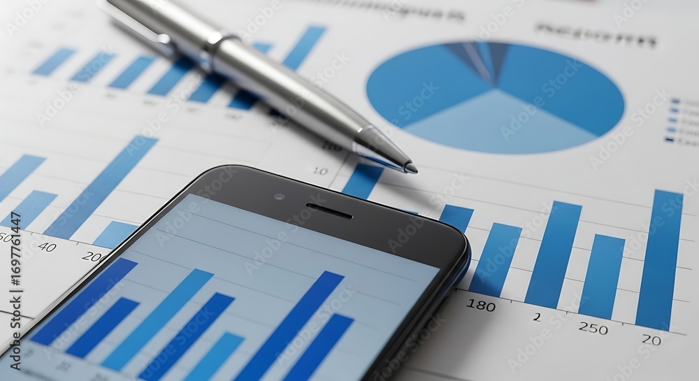 Fototapete close up of a smartphone displaying a bar chart next to a pie chart and a pen on a financial report 