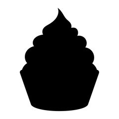 Black silhouette of a frosted cupcake on a white background
