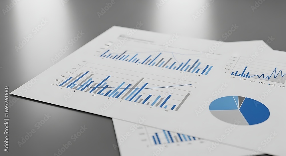 Fototapete close up of financial reports and charts with pie chart and bar graphs displaying business data and 