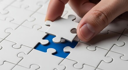 Close up of a hand placing the final white puzzle piece into a completed jigsaw puzzle revealing a vibrant blue background symbolizing completion and success