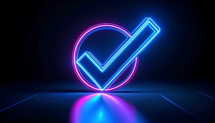 Neon checkmark in a circle on a dark background