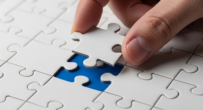 Close up of a hand placing the final white puzzle piece into a completed jigsaw puzzle revealing a vibrant blue background symbolizing completion and success