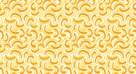 Seamless vector pattern with abstract swirling shapes in warm yellow and orange tones, accented with small blue details. Playful retro inspired design for fabric, wallpaper, and decor