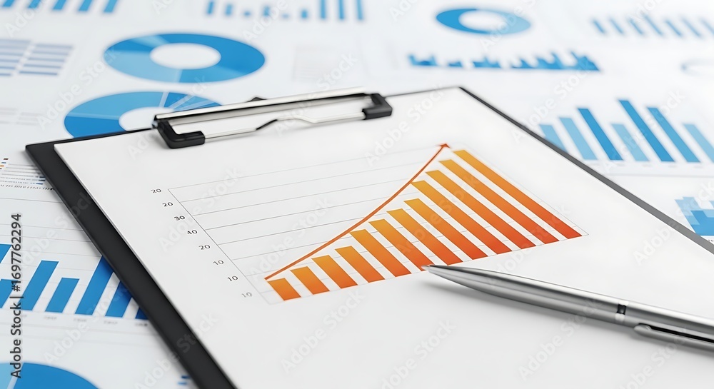 Fototapete close up of a clipboard with a financial chart and pen surrounded by various business graphs and dat