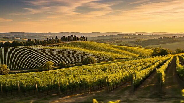 Rolling vineyard hills under a golden sky with trees and a building in the distance