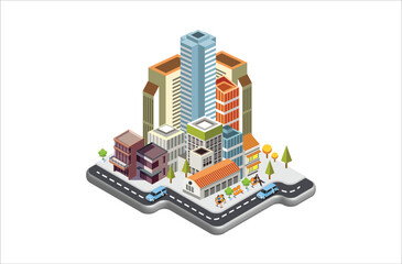 Modern Isometric vector city with skyscrapers, people, streets and vehicles, commercial and business area infographic with icons, Suitable for Diagrams, Infographics,  And Other Graphic Related Assets