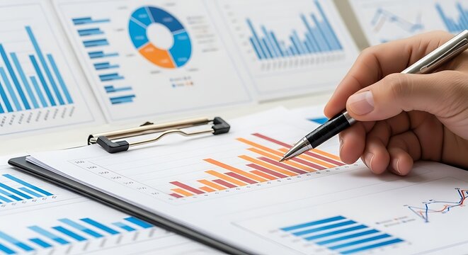 Close up of a hand holding a pen and analyzing financial charts and graphs on a desk representing business analysis and data interpretation