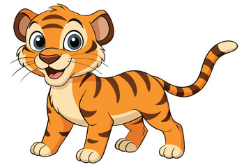Cartoon Tiger Cub Standing Tall, Smiling Confidently on White Background