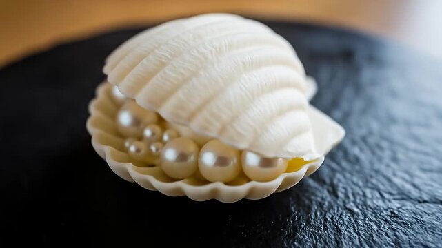 Ornamental scallop shell holds a variety of shiny pearls resting on a dark textured surface