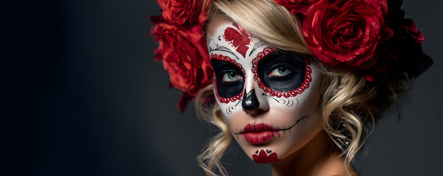 Halloween Make-Up Style. Bond Model Wear Sugar SkullMakeup with Red Roses. Diade los Muertos or Santa Murte concept