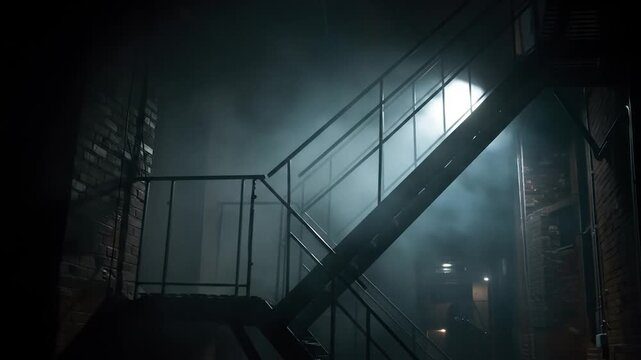 Smoky back alley metal fire escape stairs, night