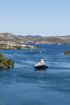 Luxury boat sails along the Krka River. Prokljansko Lake Croatia, Krka River. View from above