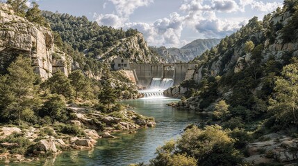Scenic mountain valley with concrete dam structure releasing water into turquoise river, surrounded by limestone cliffs and Mediterranean vegetation landscape