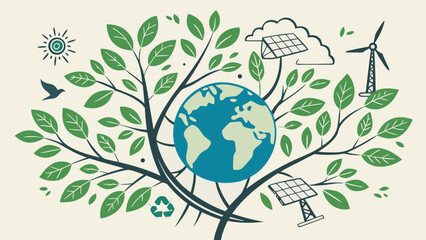 Green earth ecology vector with globe, trees, leaves, renewable energy, and Eco-friendly sustainable icons flat style.
