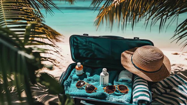 things for vacation on a tropical beach background. Selective focus