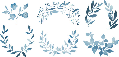 Collection of delicate watercolor blue floral and leaf elements for elegant design invitations and decorations