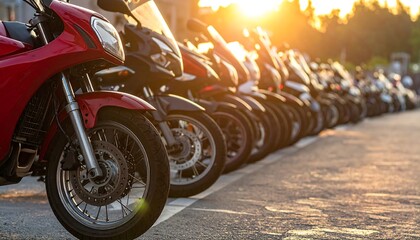 Motorcycles parked in a row at sunset