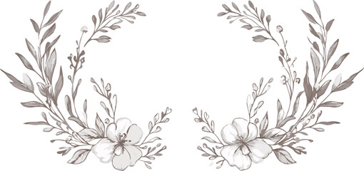 Fototapeta premium Delicate watercolor floral wreath elements with soft pink and silver foliage and blossoms