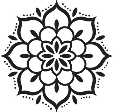 Black and white symmetrical mandala floral design with dots and petals vector illustration