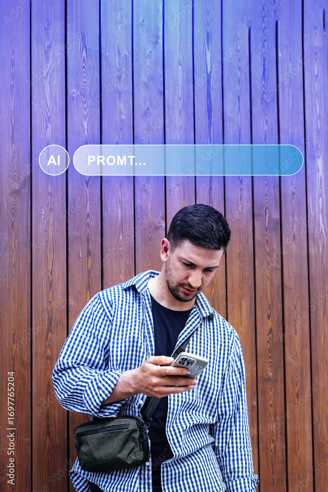 Poster man using smartphone while leaning against wooden wall in urban setting during daylight hours