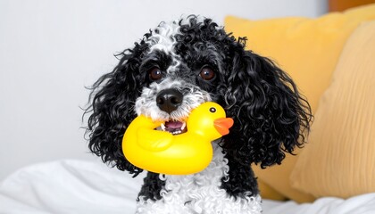 Black and white poodle with a yellow duck toy
