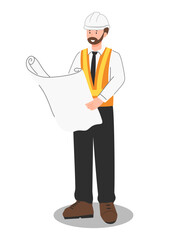 Engineer with safety vest and hard hat holding blueprint, construction and project management worker illustration