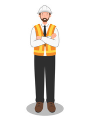 Engineer with safety vest and hard hat standing arms crossed, construction and project management worker illustration