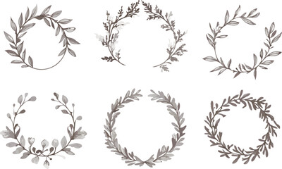 Collection of six delicate watercolor floral wreaths and botanical frames for design
