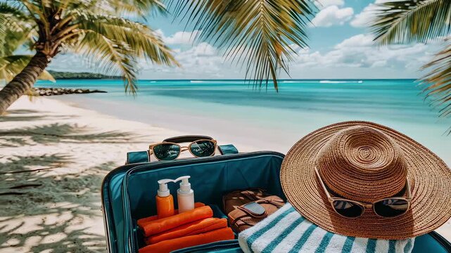 things for vacation on a tropical beach background. Selective focus