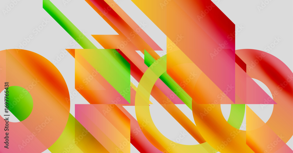 Poster Abstract composition. Overlapping colorful shapes create dynamic visual experience. Gradients, curves, angles define modern aesthetic.